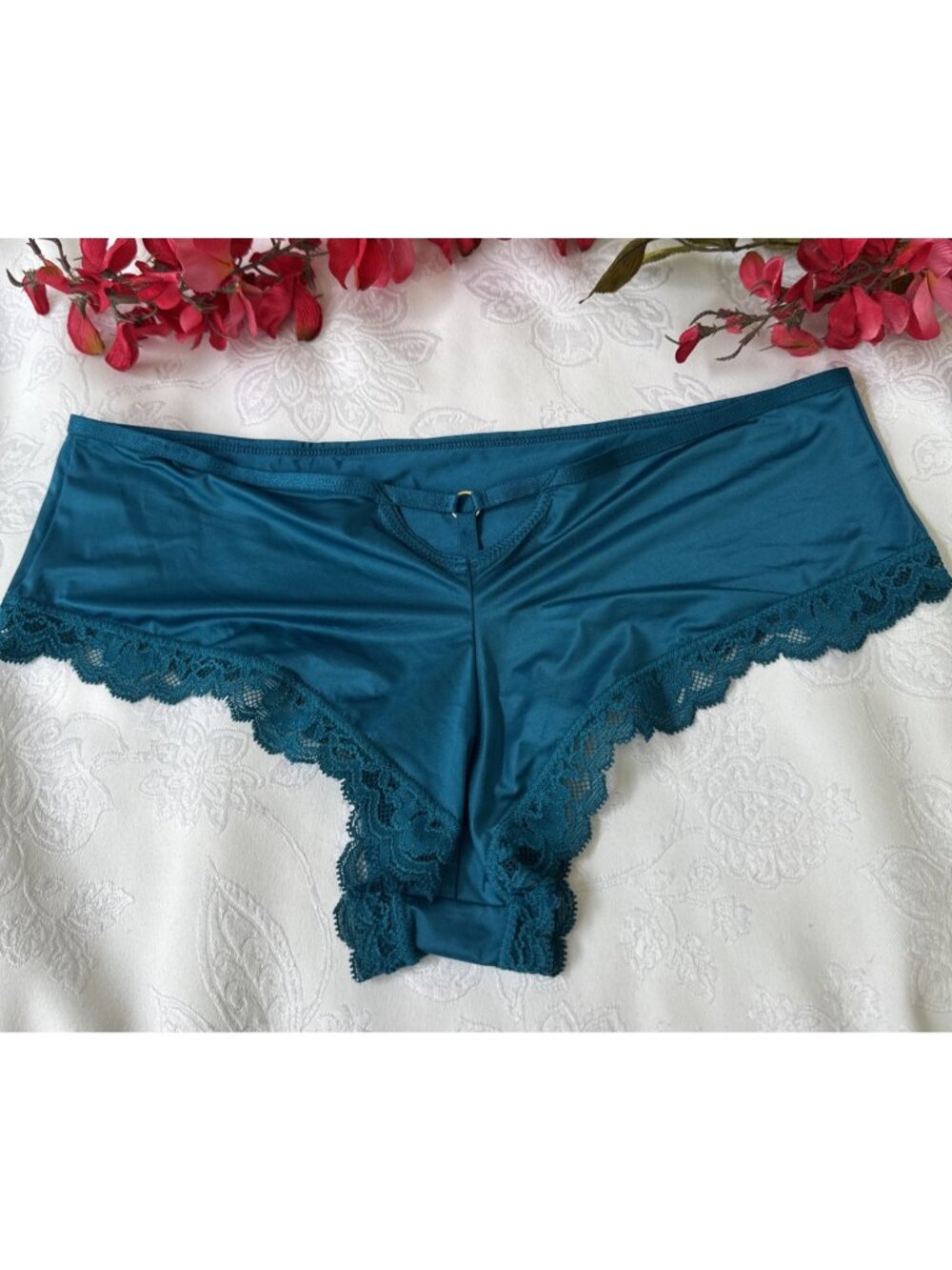 VICTORIA'S SECRET M TEAL BLUE SILKY CHARM CUT OUT BACK CHEEKY SUMMER PANTIES NWT